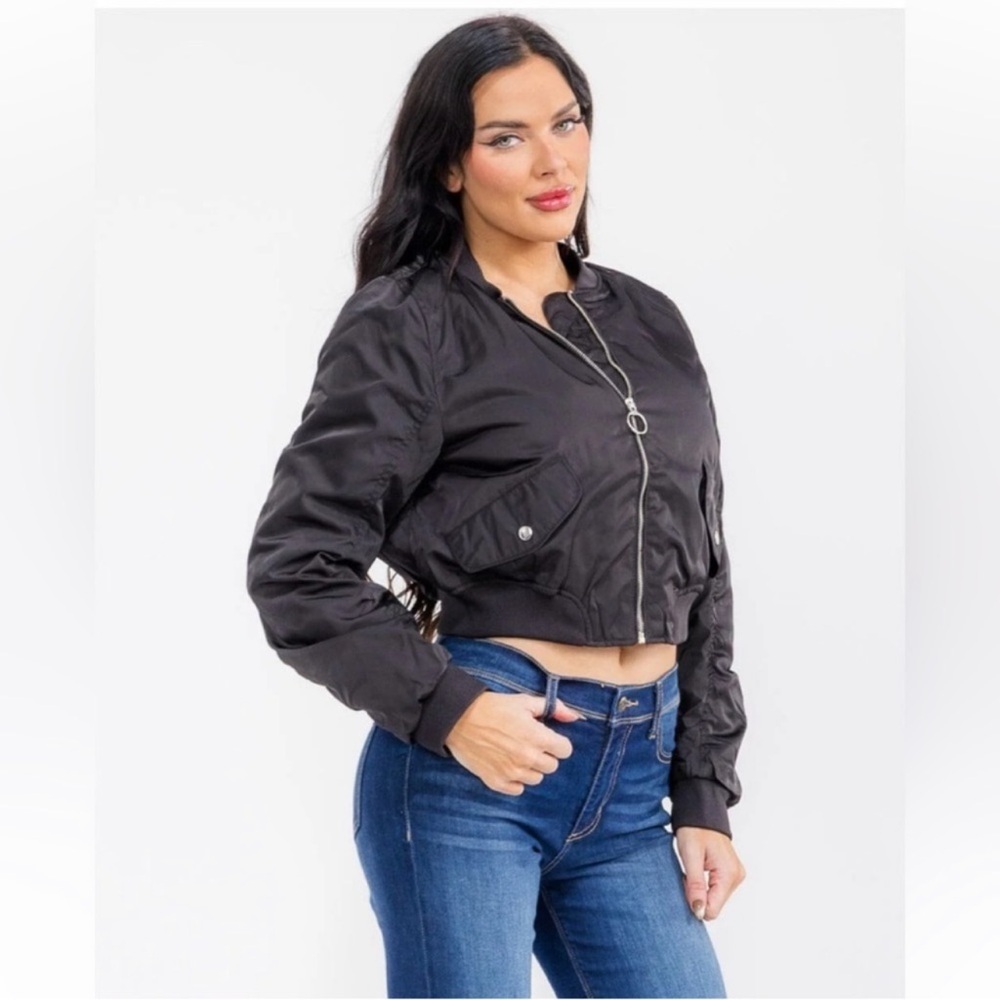 Black Bomber Waist Length Jacket - Picture 2 of 4